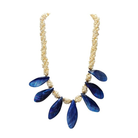 Blue White Pearl Shell Necklace With Leaf Design Pendant Gold-Tone Accents 20" - Picture 1 of 5